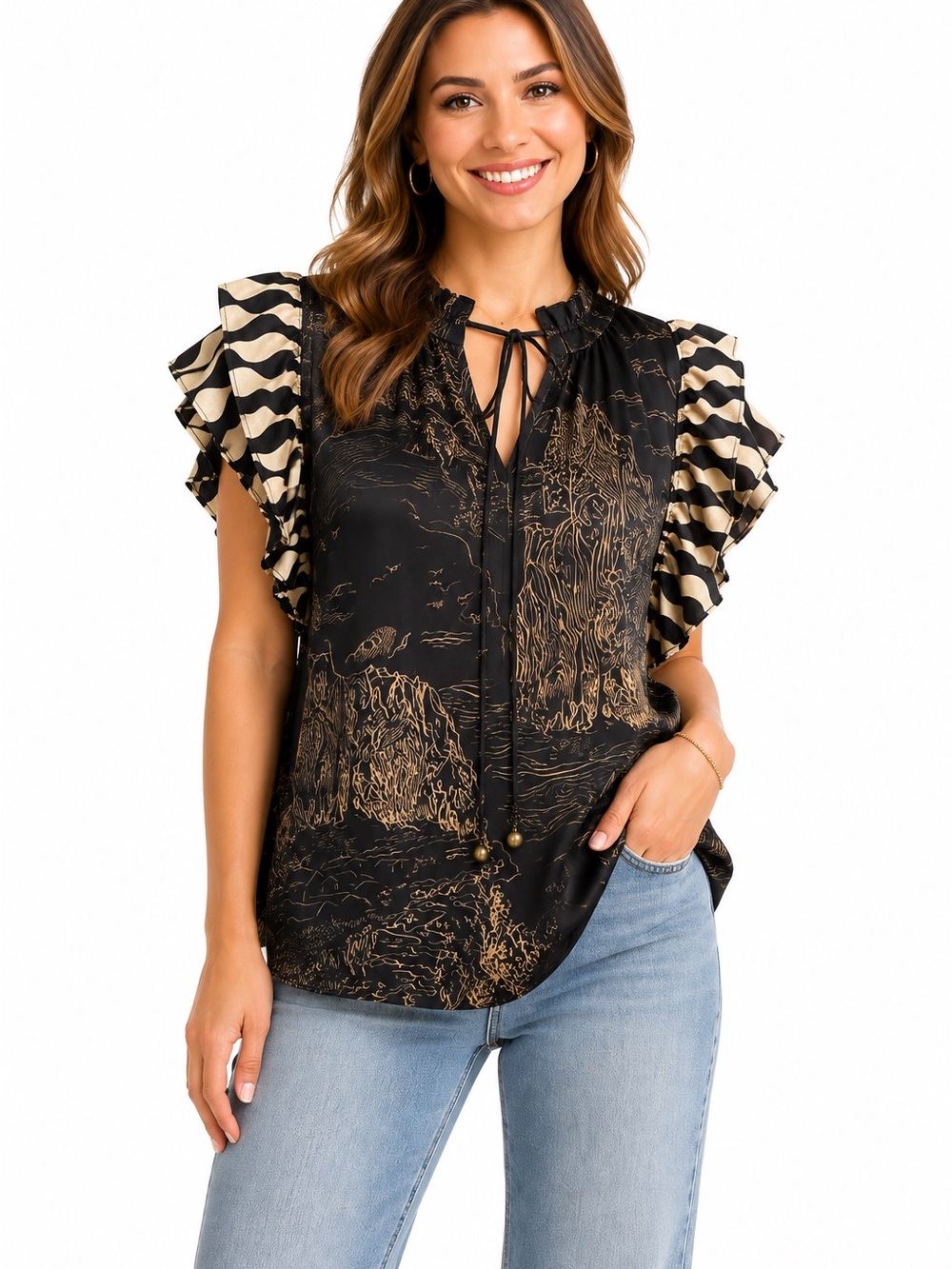 entro Black & Cream Scenic Print Ruffle Flutter Sleeve Tie-Front Blouse Small